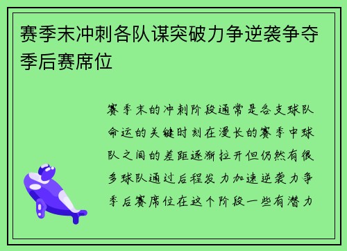 赛季末冲刺各队谋突破力争逆袭争夺季后赛席位