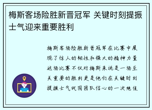 梅斯客场险胜新晋冠军 关键时刻提振士气迎来重要胜利